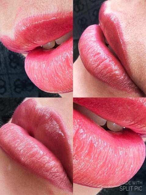 Zbliżenie na cztery ujęcia ust po makijażu permanentnym, prezentujące intensywny różowy kolor i podkreślony kontur.