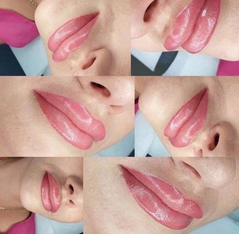 Kolaż sześciu zbliżeń na usta kobiety po zabiegu pigmentacji permanentnej, ukazujący efekt pełnych, różowych ust z wyraźnie zarysowanym konturem i delikatnym połyskiem.