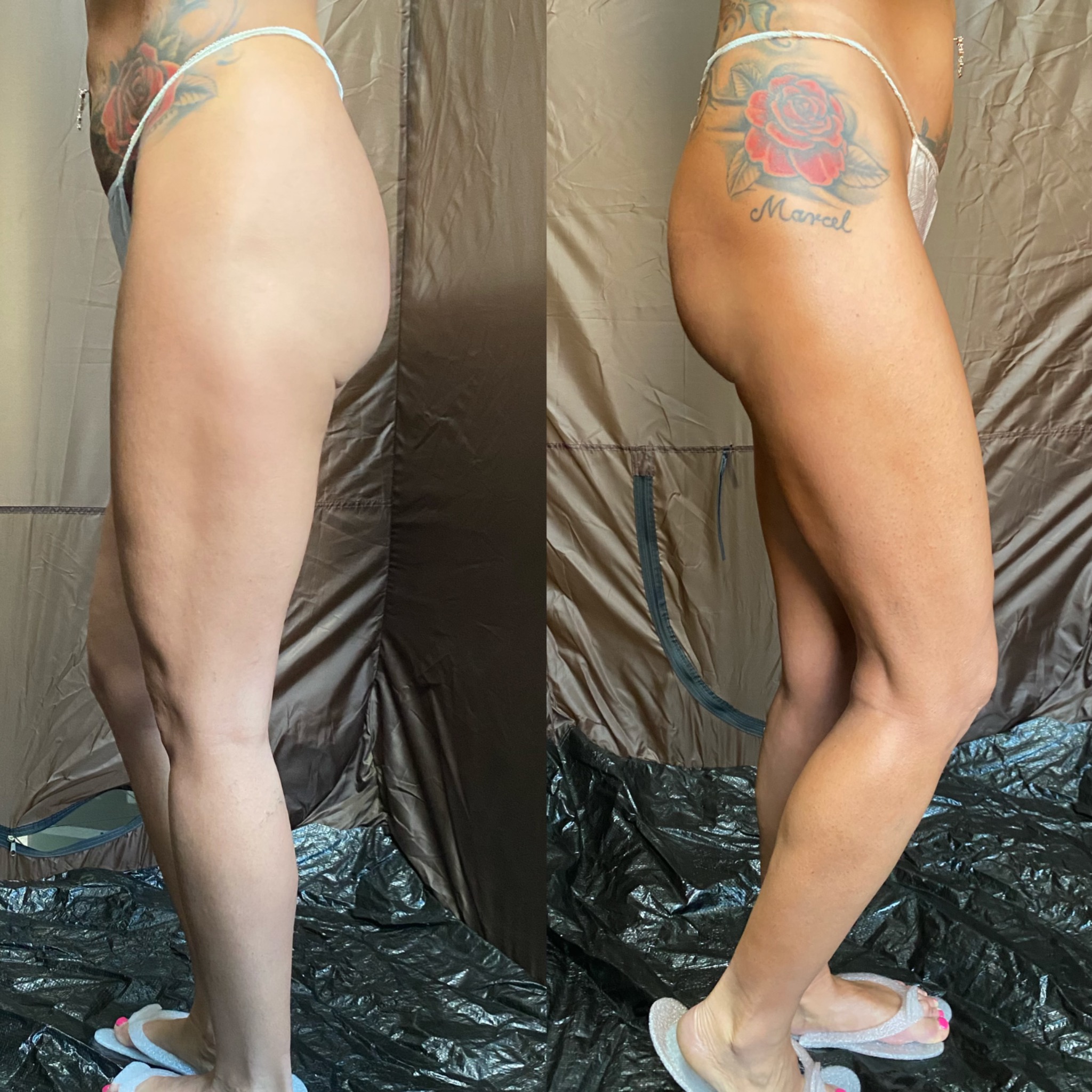Kobieta przed i po opalaniu natryskowym, widoczne różnice w odcieniu skóry, tatuaż róży z napisem Marcel na biodrze, wnętrze kabiny natryskowej.