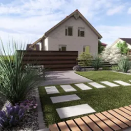 Wizualizacja nowoczesnego ogrodu przed domem z elementami kamiennymi, drewnianymi i roślinnością ozdobną, w tle widoczny budynek mieszkalny.