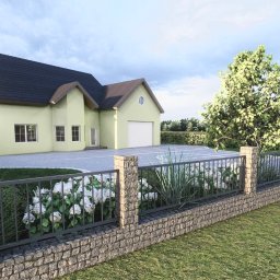 Rafaela Czollek - Wizualizacja domu jednorodzinnego z ogrodzeniem z kamienia i metalu, rabaty kwiatowe wzdłuż ogrodzenia, podjazd z kostki brukowej.