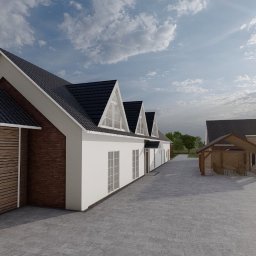 Rafaela Czollek - Wizualizacja domu z ogrodem, ukazująca elewację z drewnianymi i ceglanymi elementami, podjazd z kostki brukowej, altanę ogrodową i zadbany trawnik z fontanną.