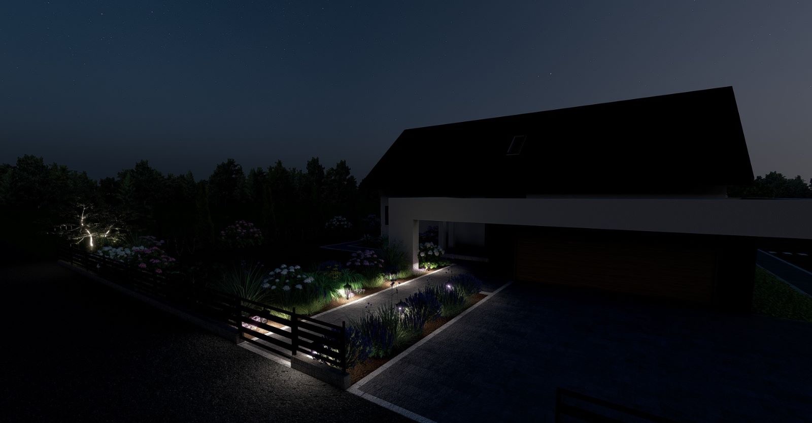 Nowoczesny dom z podświetlonym ogrodem nocą, widoczne kwiaty, trawa i ścieżka oświetlona małymi lampkami