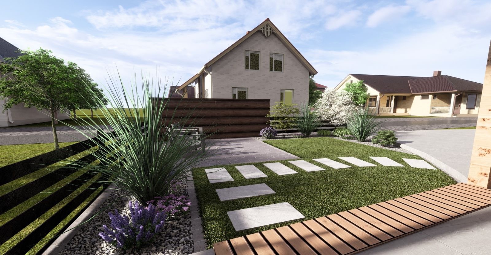 Wizualizacja nowoczesnego ogrodu przed domem z elementami kamiennymi, drewnianymi i roślinnością ozdobną, w tle widoczny budynek mieszkalny.