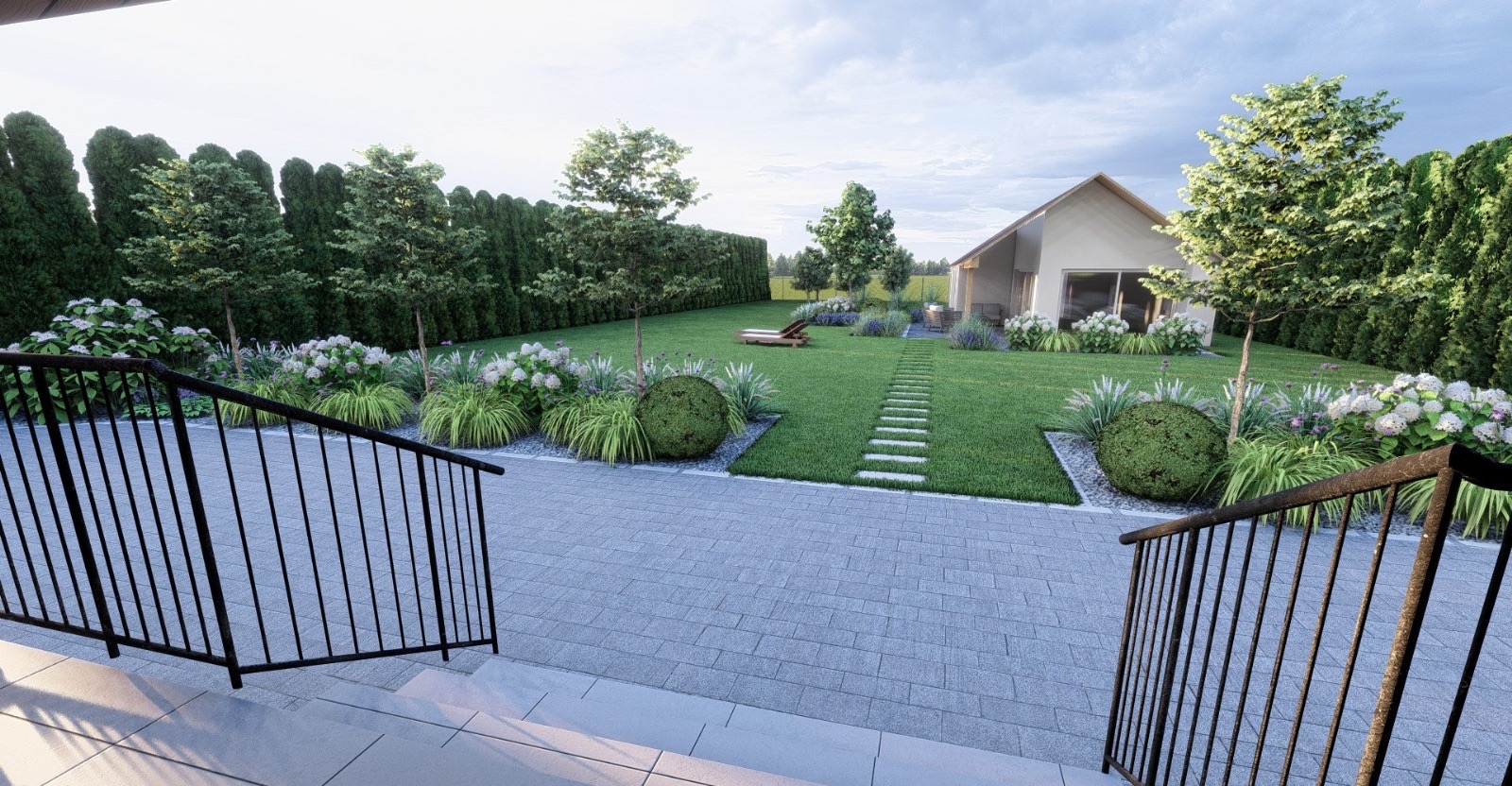 Wizualizacja ogrodu z domu, ukazująca trawnik, ścieżkę z płyt, rabaty z hortensjami i kulistymi krzewami, wysoki żywopłot z tuj, leżak na trawie w oddali, widok z tarasu z czarną balustradą.