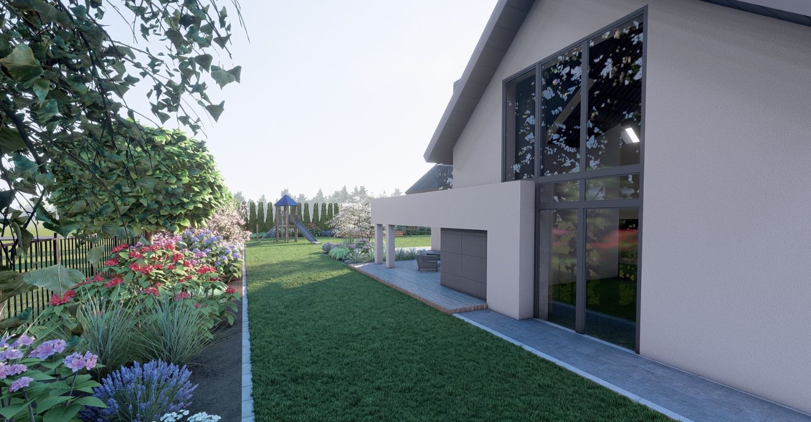 Wizualizacja ogrodu przydomowego z nowoczesnym domem, rabatami kwiatowymi wzdłuż ogrodzenia i placem zabaw w tle.