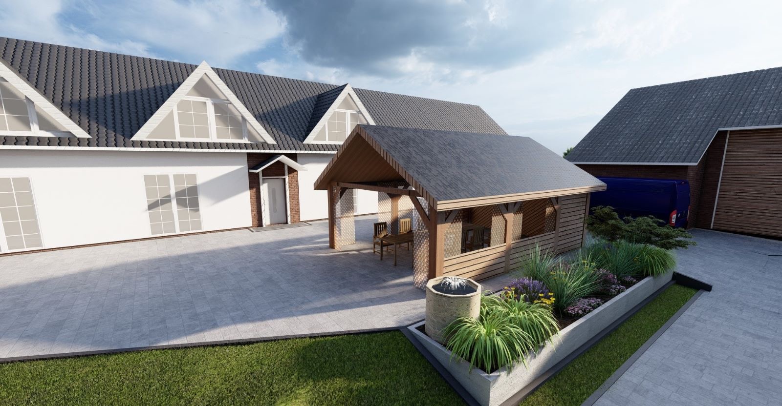 Wizualizacja zewnętrzna domu z ogrodem, ukazująca drewnianą altanę z meblami ogrodowymi, rabatę kwiatową z fontanną i podjazd z kostki brukowej.