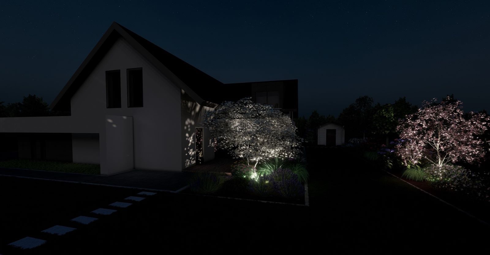 Nowoczesny dom z oświetlonym ogrodem nocą, drzewa podświetlone punktowymi lampami, ścieżka z płyt prowadząca do wejścia.