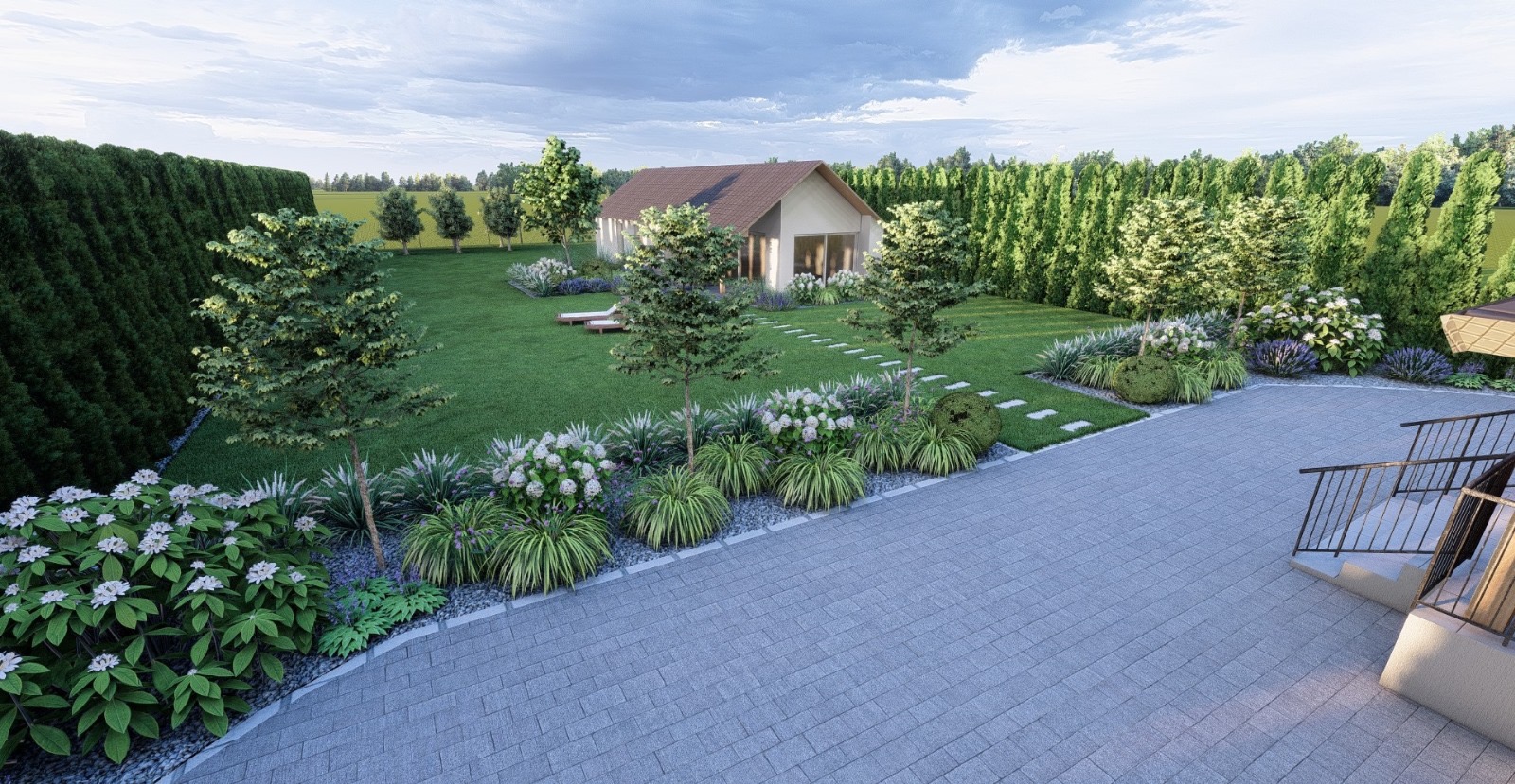 Projekt ogrodu z nowoczesnym domem, równo przystrzyżonym trawnikiem, ścieżką z płyt, rabatami kwiatowymi i wysokim żywopłotem z tuj.