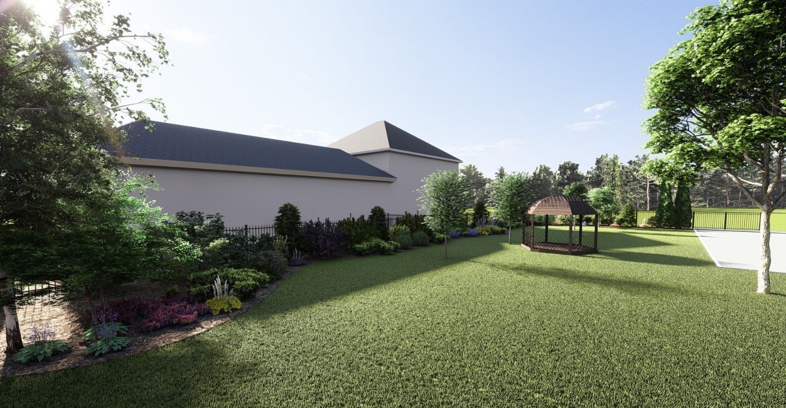 Wizualizacja zagospodarowania przestrzeni ogrodu z altaną, niskim ogrodzeniem i rabatami kwiatowymi wzdłuż budynku.