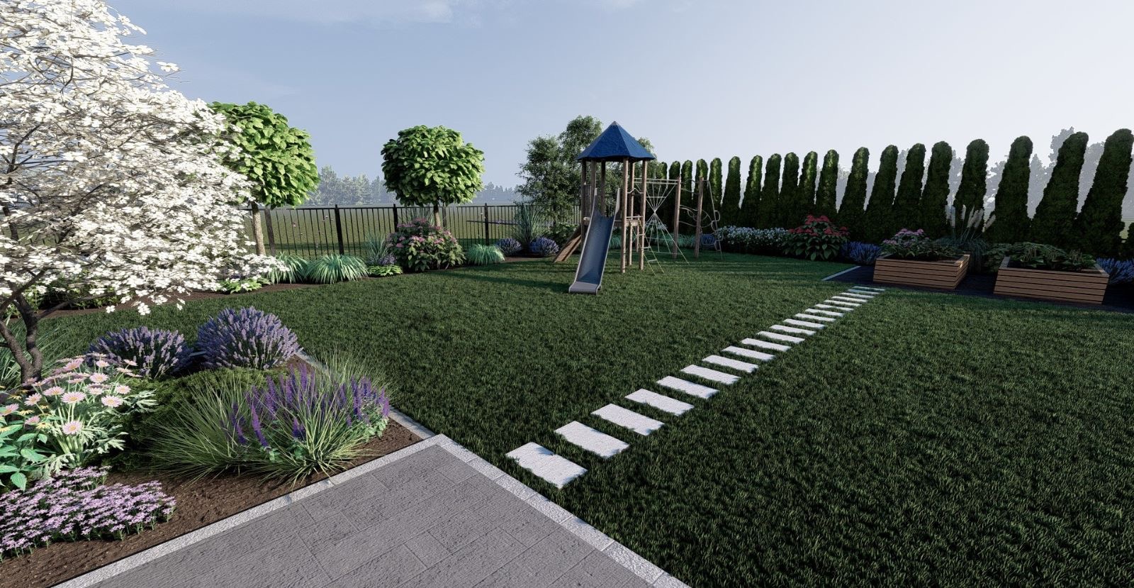 Projekt ogrodu z placem zabaw, ścieżką z kamieni i kwitnącymi rabatami, w tle rząd wysokich tuj.