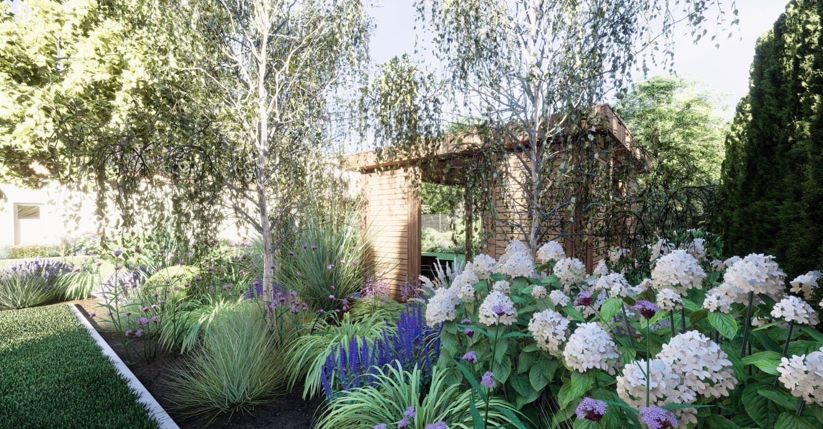 Wizualizacja ogrodu z drewnianą pergolą porośniętą roślinnością, rabaty z hortensjami, szałwią i trawami ozdobnymi, oraz brzegiem trawnika.