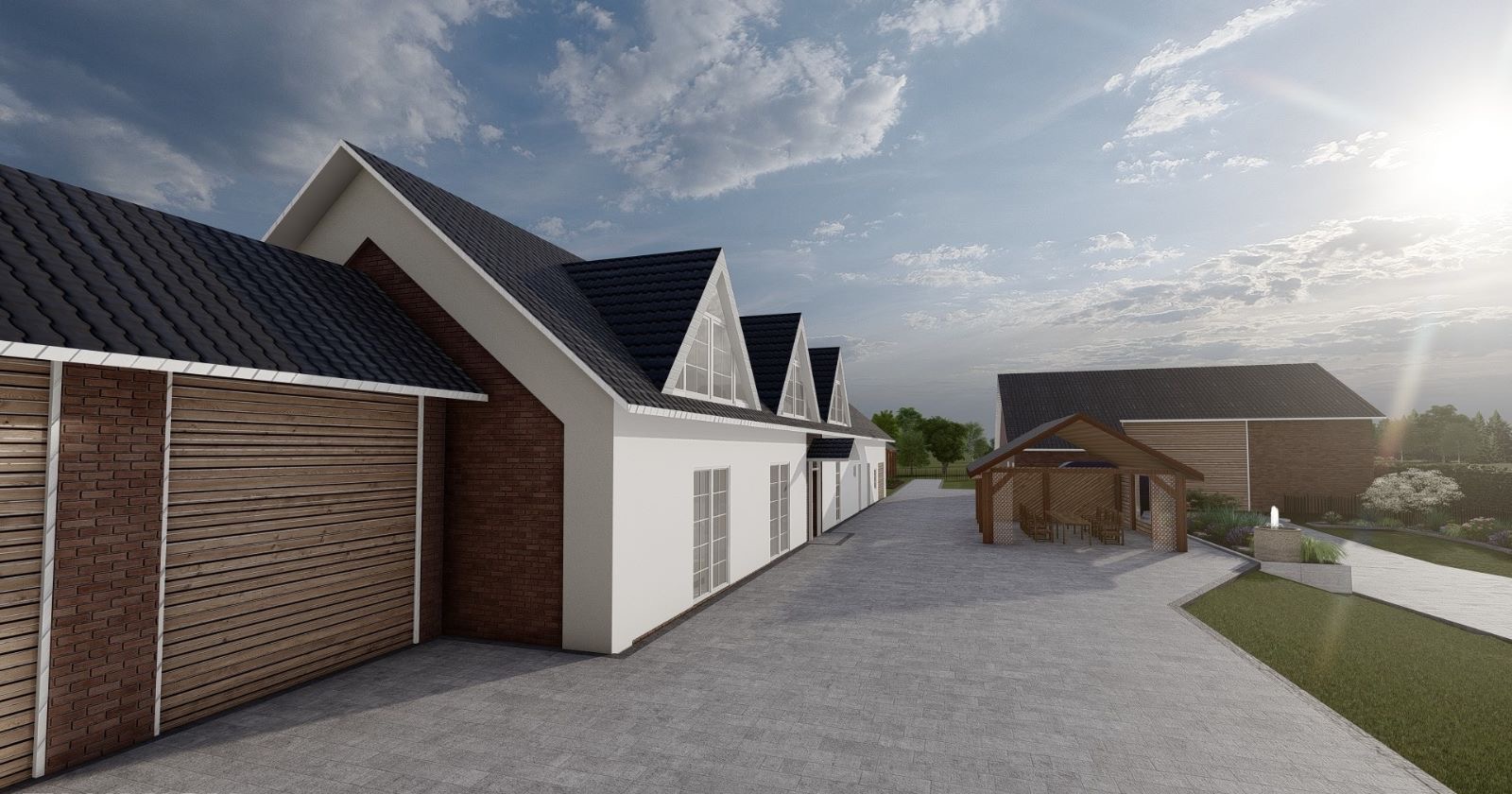 Wizualizacja domu z ogrodem, ukazująca elewację z drewnianymi i ceglanymi elementami, podjazd z kostki brukowej, altanę ogrodową i zadbany trawnik z fontanną.