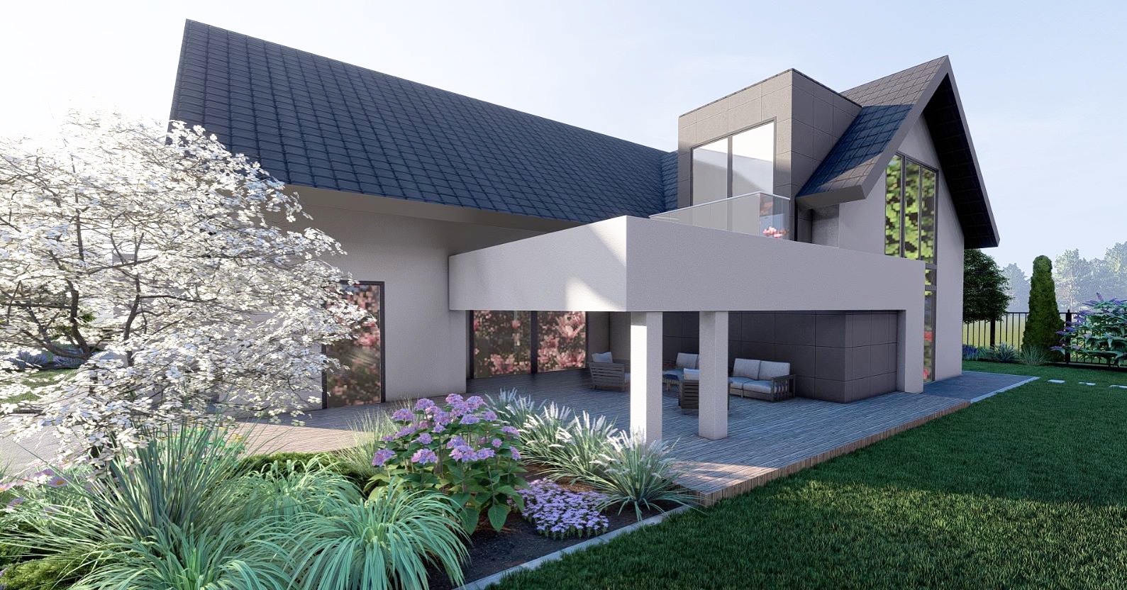 Wizualizacja ogrodu w Prószkowie: nowoczesny dom z tarasem, kwitnące hortensje na pierwszym planie, drzewo z białymi kwiatami i starannie utrzymany trawnik.