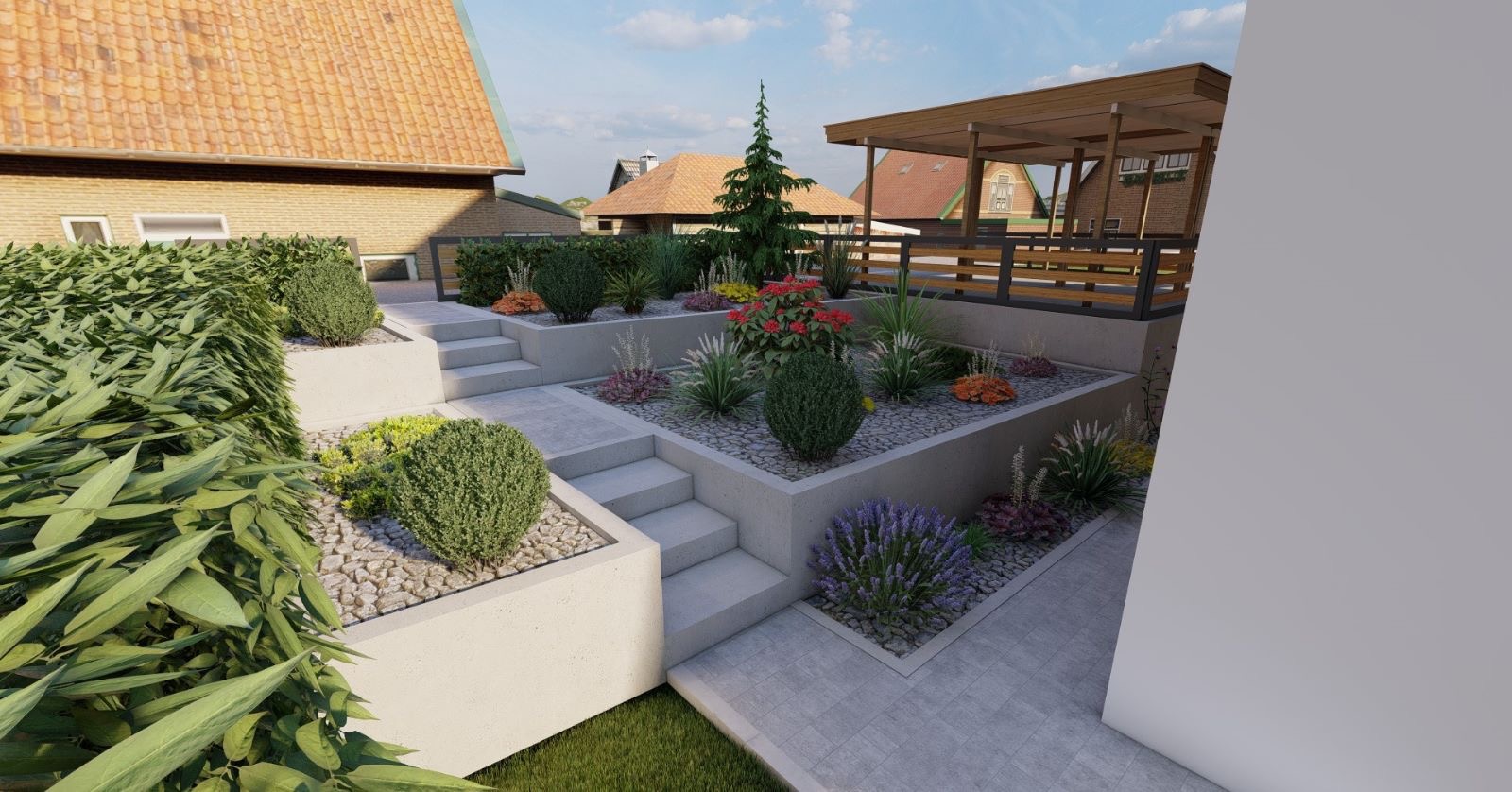 Wizualizacja kaskadowego ogrodu z betonowymi rabatami, schodami i roślinnością ozdobną, w tle domy z dachami z czerwonej dachówki i drewniana pergola.