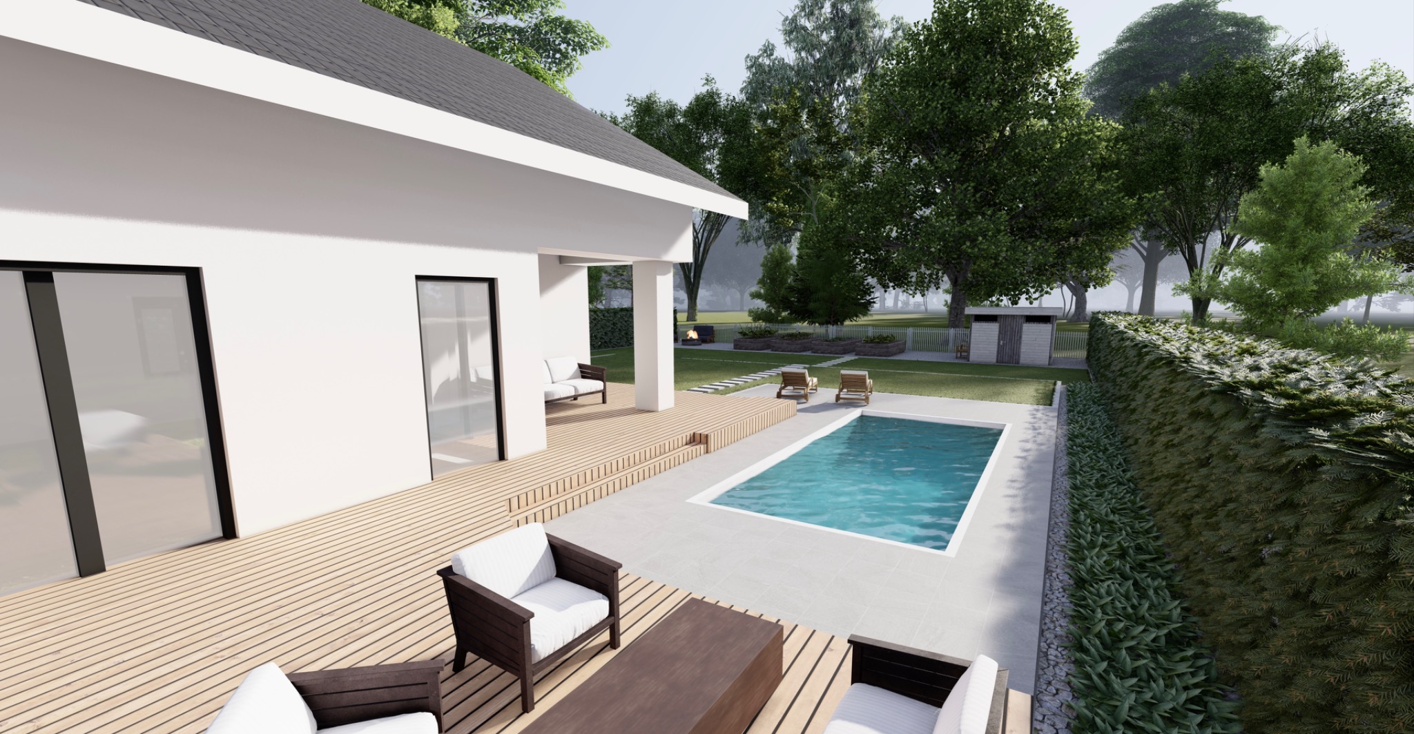 Wizualizacja nowoczesnego ogrodu z basenem, drewnianym tarasem i minimalistycznymi meblami ogrodowymi, z widocznym ogniskiem w oddali.
