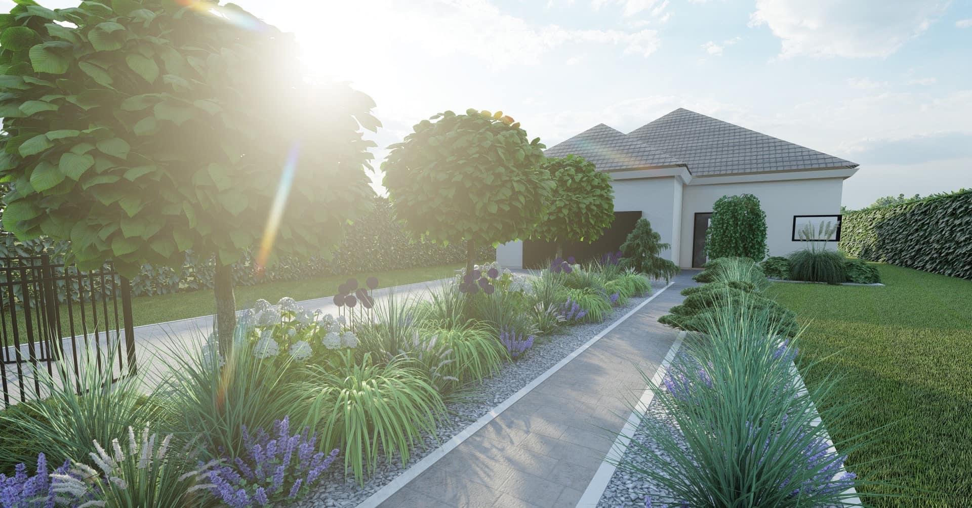 Wizualizacja ogrodu przed domem z kulistymi drzewami, ozdobnymi trawami i kwitnącymi bylinami wzdłuż ścieżki z kostki brukowej, oświetlona promieniami słońca.
