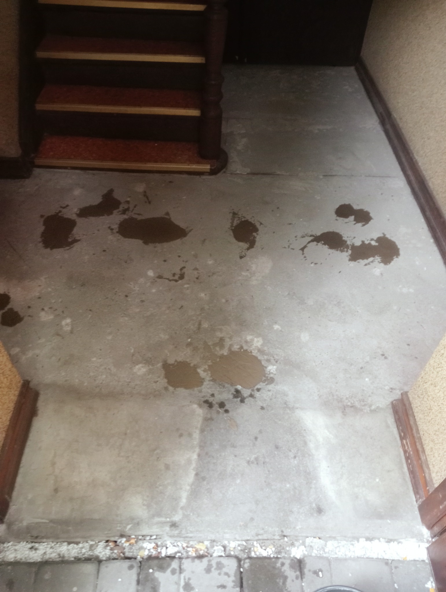 Betonowa posadzka przy schodach z plamami i zabrudzeniami po wylaniu substancji. Widoczne ślady zaschniętej cieczy. Przy ścianie resztki gruzu i pyłu.