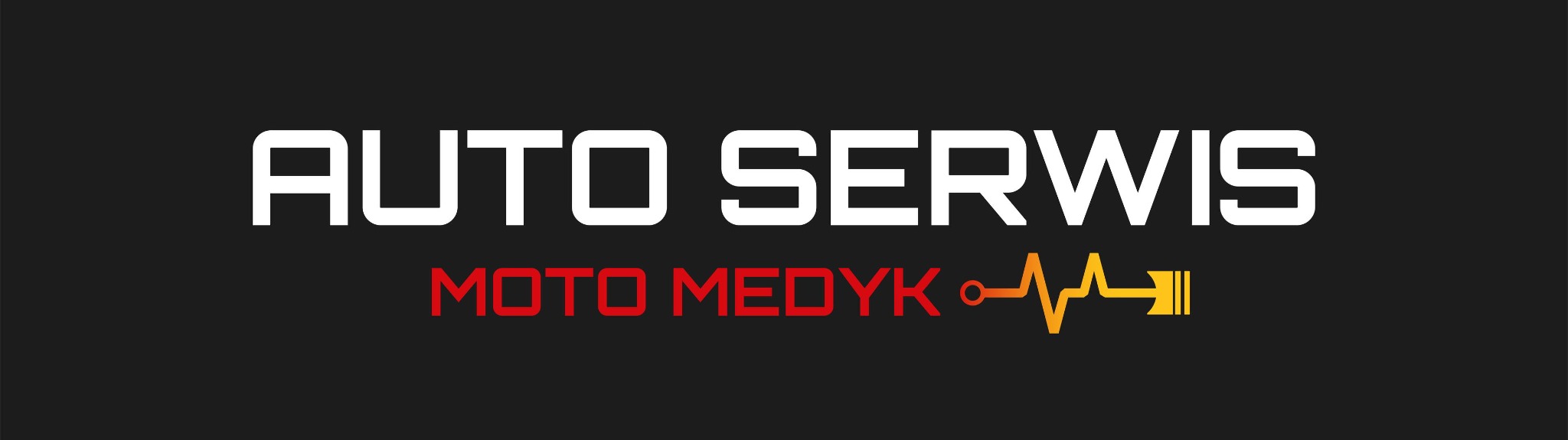 Logo serwisu samochodowego Moto Medyk z białym napisem AUTO SERWIS i czerwonym napisem MOTO MEDYK, z pomarańczowym symbolem przypominającym wykres EKG i tłok silnika na czarnym tle.