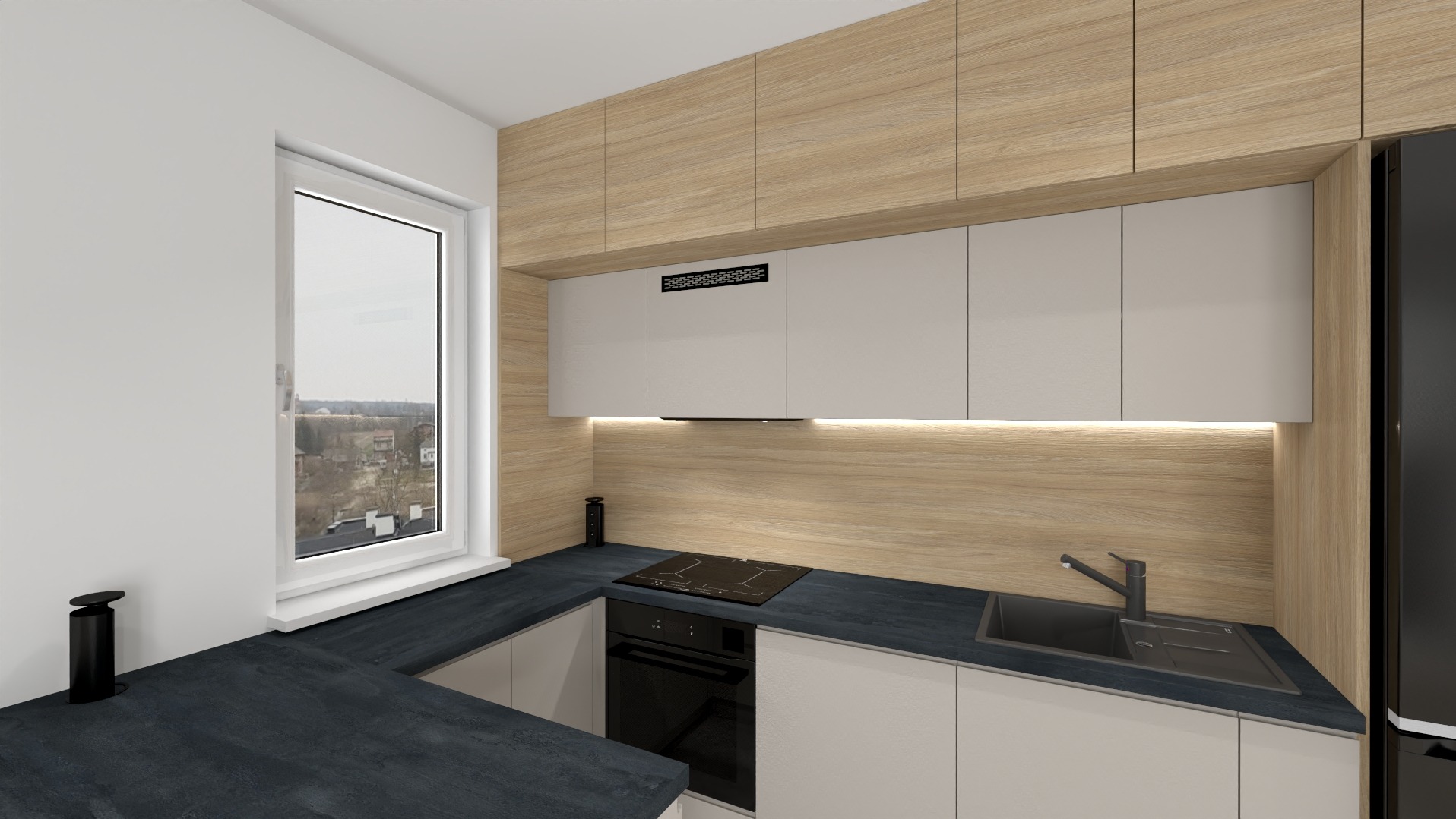 Nowoczesna kuchnia z jasnymi szafkami, drewnianymi panelami i ciemnym blatem, widok na miasto z okna.