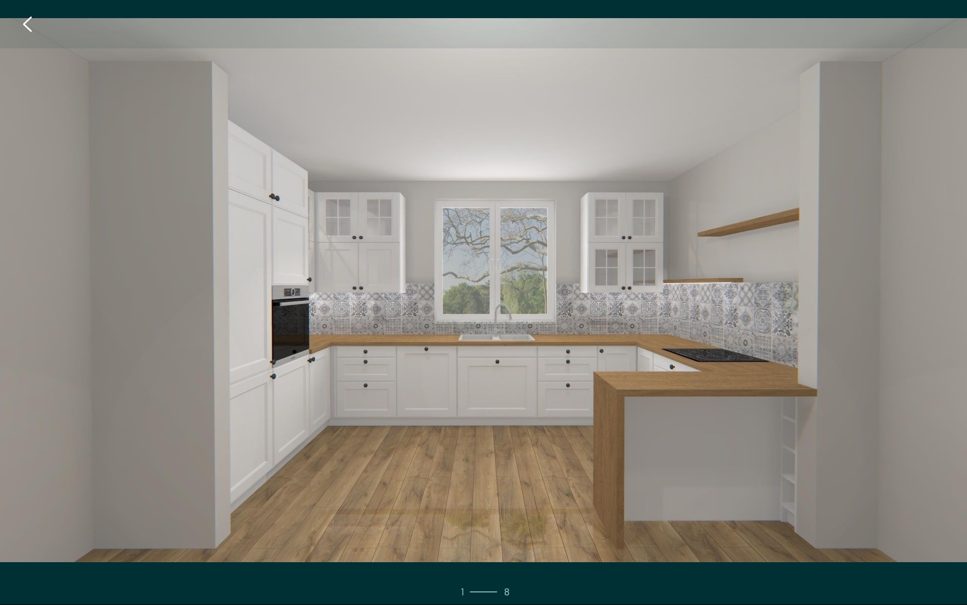 Wizualizacja jasnej kuchni z białymi szafkami, drewnianym blatem i wzorzystymi płytkami nad blatem, z widokiem na okno i drzewa.