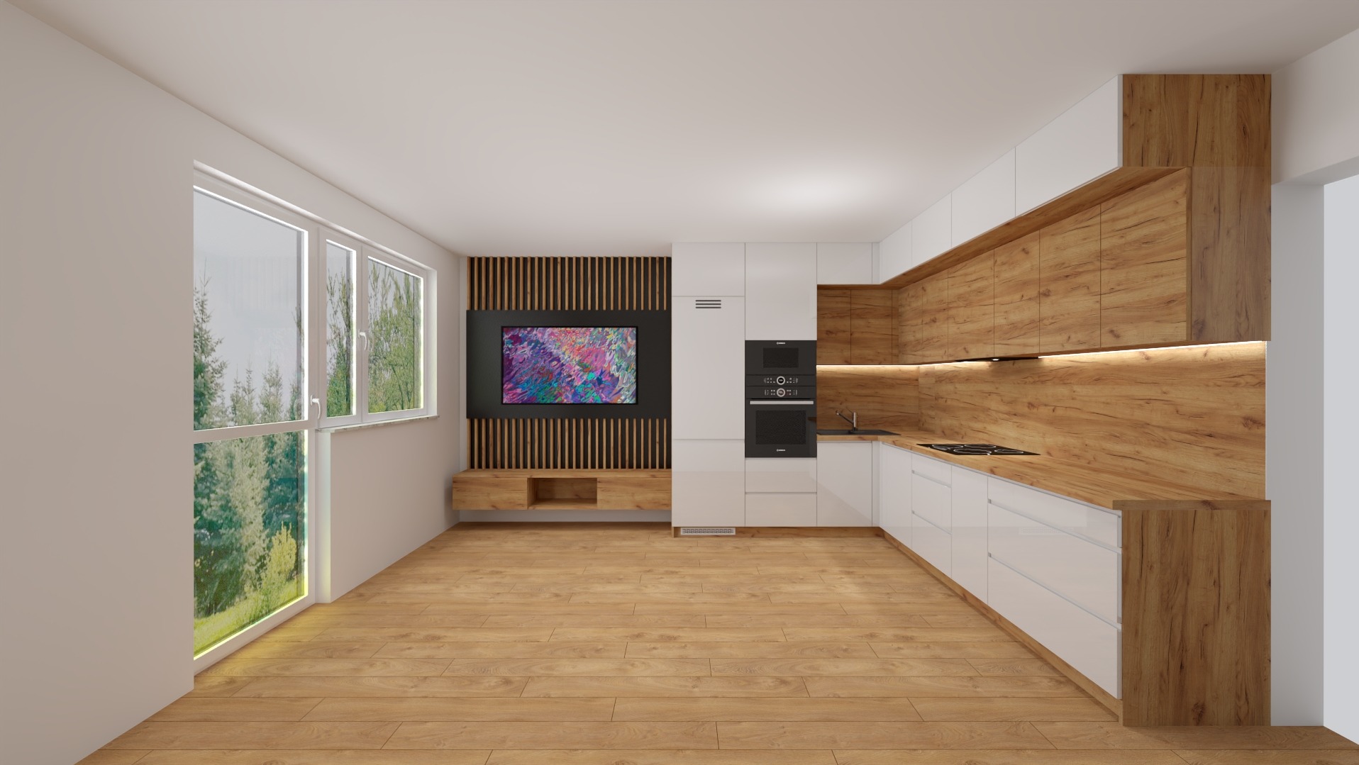 Nowoczesna kuchnia z białymi szafkami dolnymi i drewnopodobnymi szafkami górnymi, oświetlenie LED pod szafkami, zabudowany sprzęt AGD, ściana z drewnianymi lamelami i telewizorem, jasna drewniana...