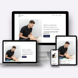 Renata Hryniewicz - Responsywna strona internetowa osteopaty prezentowana na laptopie, tablecie i smartfonie, ukazująca mężczyznę wykonującego zabieg na pacjentce.