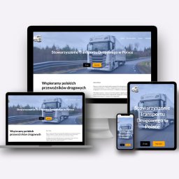 Renata Hryniewicz - Responsywna strona internetowa na laptopie, tablecie i smartfonie prezentująca Stowarzyszenie Transportu Drogowego w Polsce z motywem ciężarówki w tle.