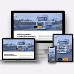 Responsywna strona internetowa na laptopie, tablecie i smartfonie prezentująca Stowarzyszenie Transportu Drogowego w Polsce z motywem ciężarówki w tle.
