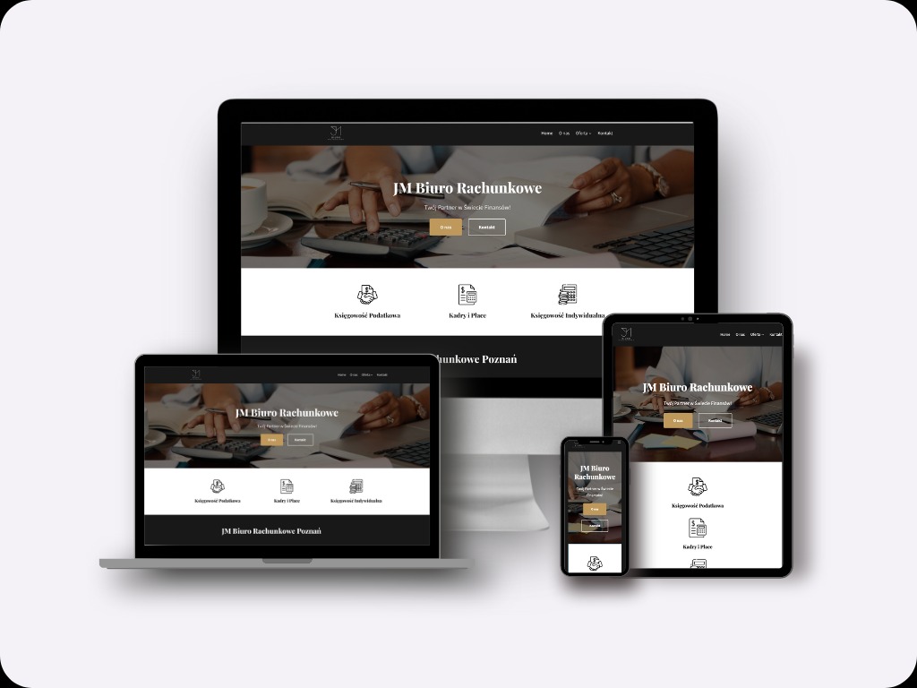 Responsywna strona internetowa biura rachunkowego JM Biuro Rachunkowe wyświetlona na monitorze, laptopie, tablecie i smartfonie. Widoczne elementy strony to menu, logo, hasło reklamowe i ikony...