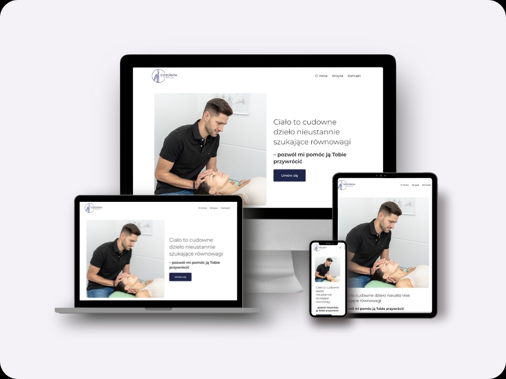 Responsywna strona internetowa osteopaty prezentowana na laptopie, tablecie i smartfonie, ukazująca mężczyznę wykonującego zabieg na pacjentce.