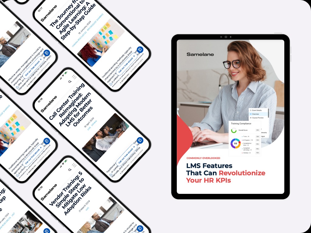 Tablet z otwartą stroną internetową firmy Samelane prezentujący analizę danych i kobietę pracującą na laptopie, w tle rozmyte smartfony z artykułami o szkoleniach.