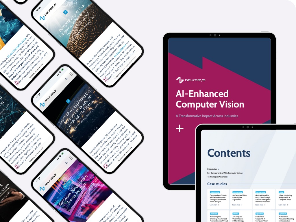 Ekrany tabletów prezentują artykuły o AI i Computer Vision, w tym nagłówki 'AI-Enhanced Computer Vision' i 'Types of AI: Exploring the Diverse Landscape of Artificial Intelligence'.