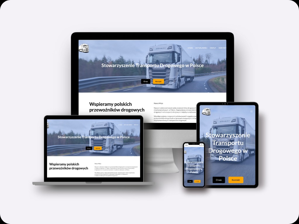 Responsywna strona internetowa na laptopie, tablecie i smartfonie prezentująca Stowarzyszenie Transportu Drogowego w Polsce z motywem ciężarówki w tle.