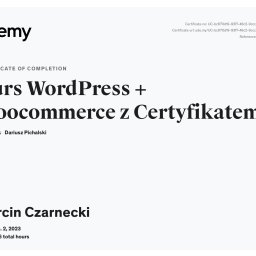 Certyfikat ukończenia kursu WordPress + Woocommerce