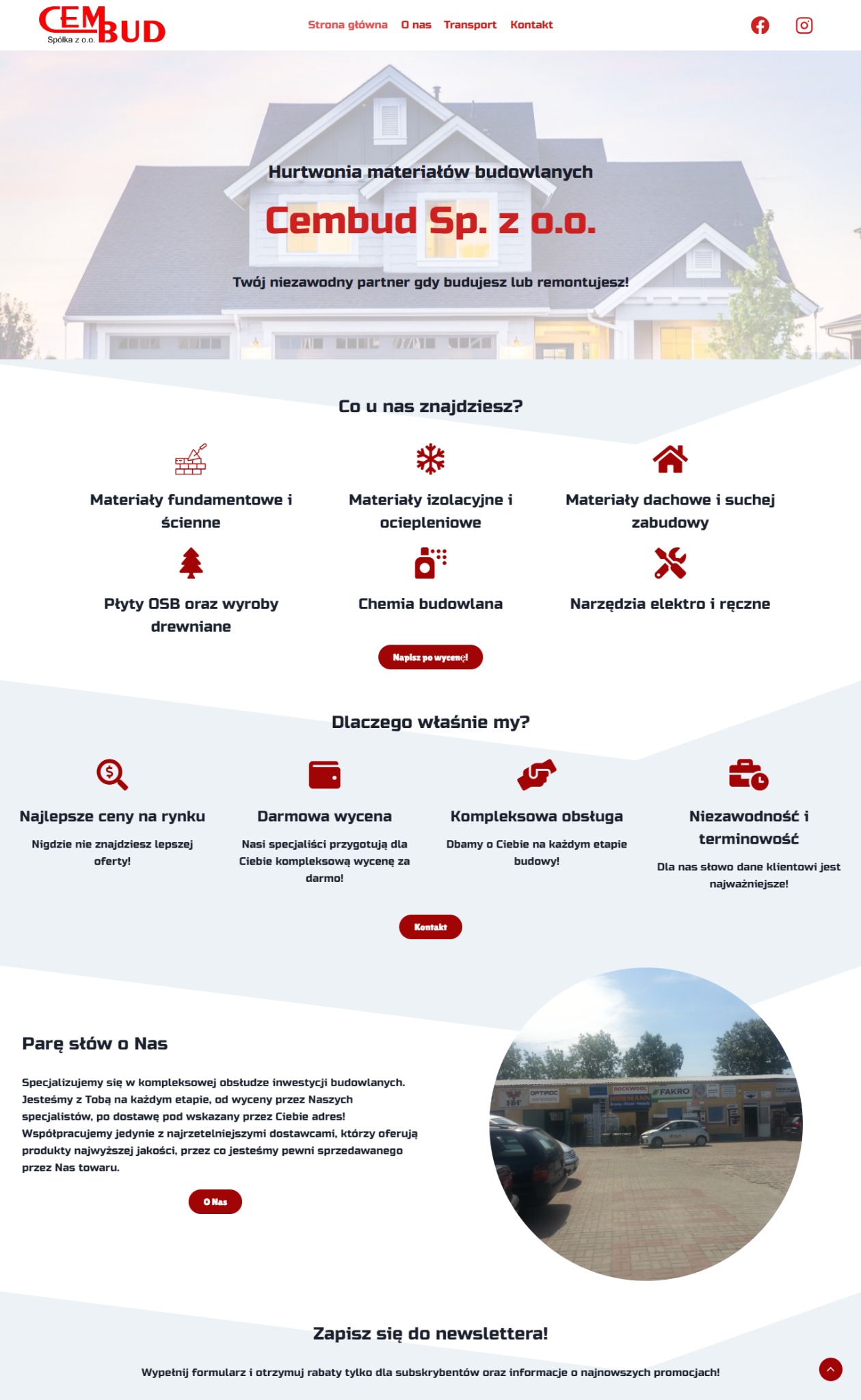 Strona internetowa hurtowni materiałów budowlanych Cembud.pl z nagłówkiem prezentującym wizualizację domu i sekcjami z materiałami budowlanymi, darmową wyceną oraz danymi kontaktowymi.