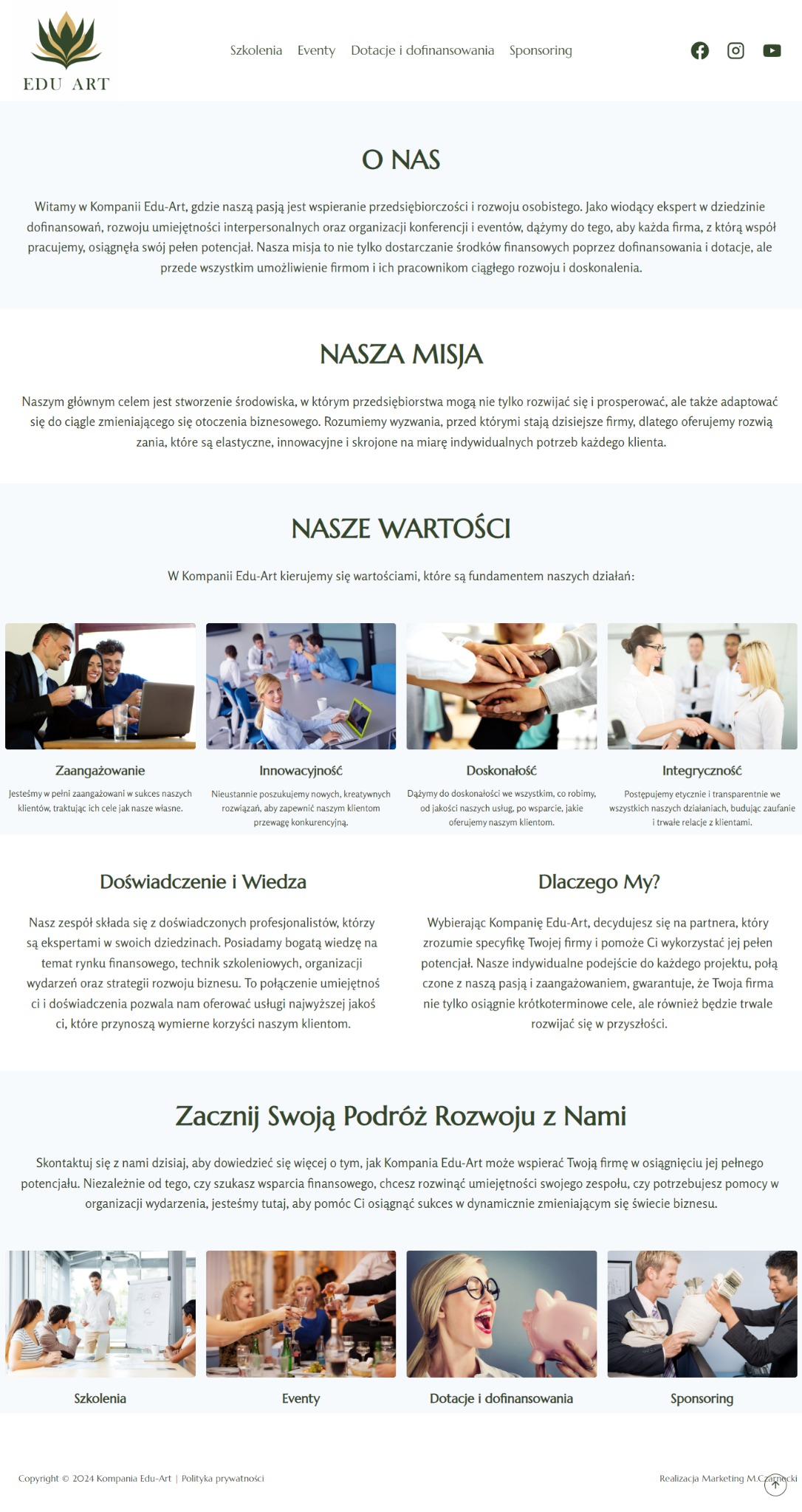 Fragment strony internetowej firmy szkoleniowej kompania-eduart.pl z sekcją 'O nas', 'Nasza misja', 'Nasze wartości', 'Doświadczenie i wiedza', 'Dlaczego My?' oraz 'Zacznij swoją podróż rozwoju...