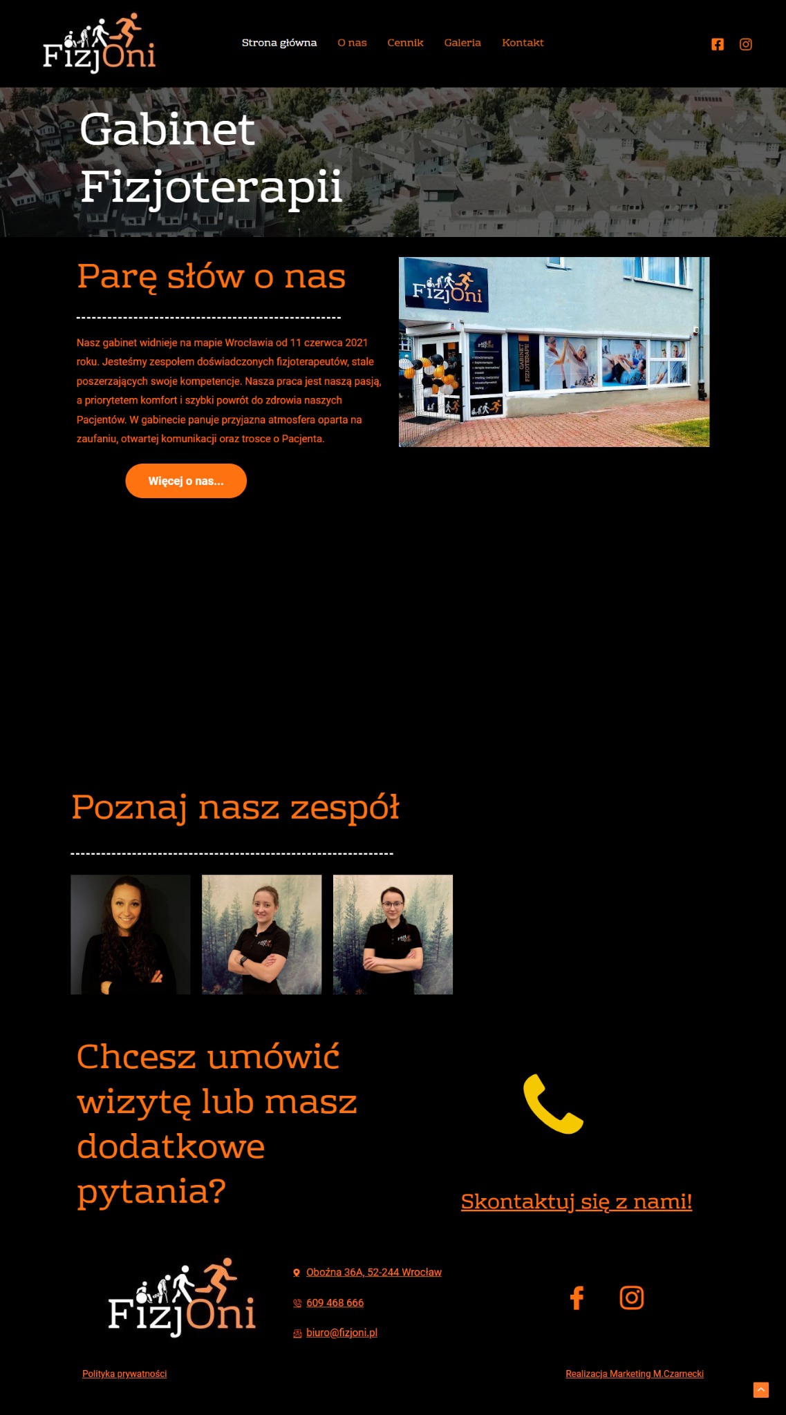 Strona internetowa gabinetu fizjoterapii Fizjoni.cfolks.pl z widokiem na budynek gabinetu i logo firmy.