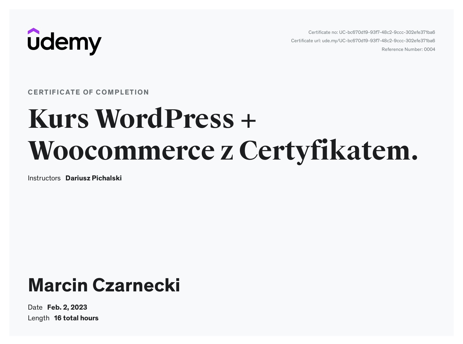 Certyfikat ukończenia kursu WordPress + Woocommerce