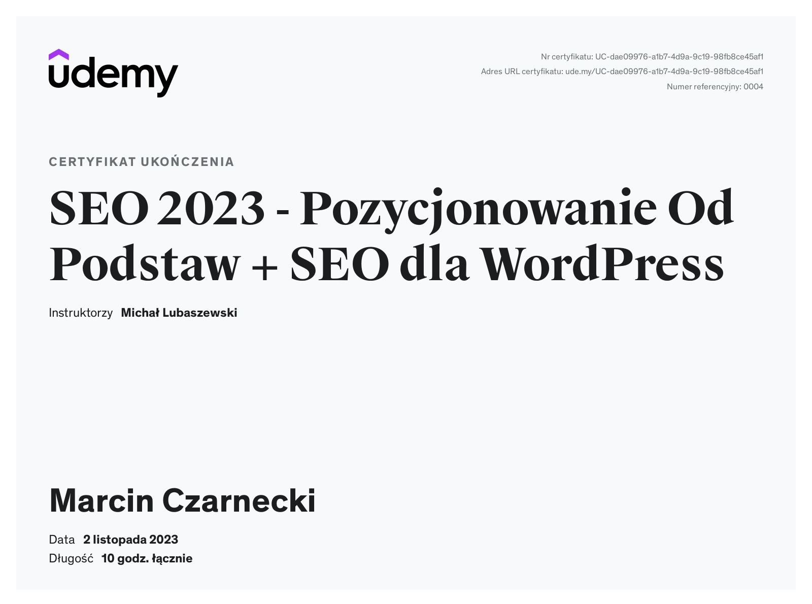 Certyfikat ukończenia kursu pozycjonowania stron www
