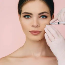 Kobieta o jasnej karnacji podczas zabiegu iniekcji w okolicy policzka, wykonywanego przez osobę w białych rękawiczkach medycznych, na jednolitym różowym tle.