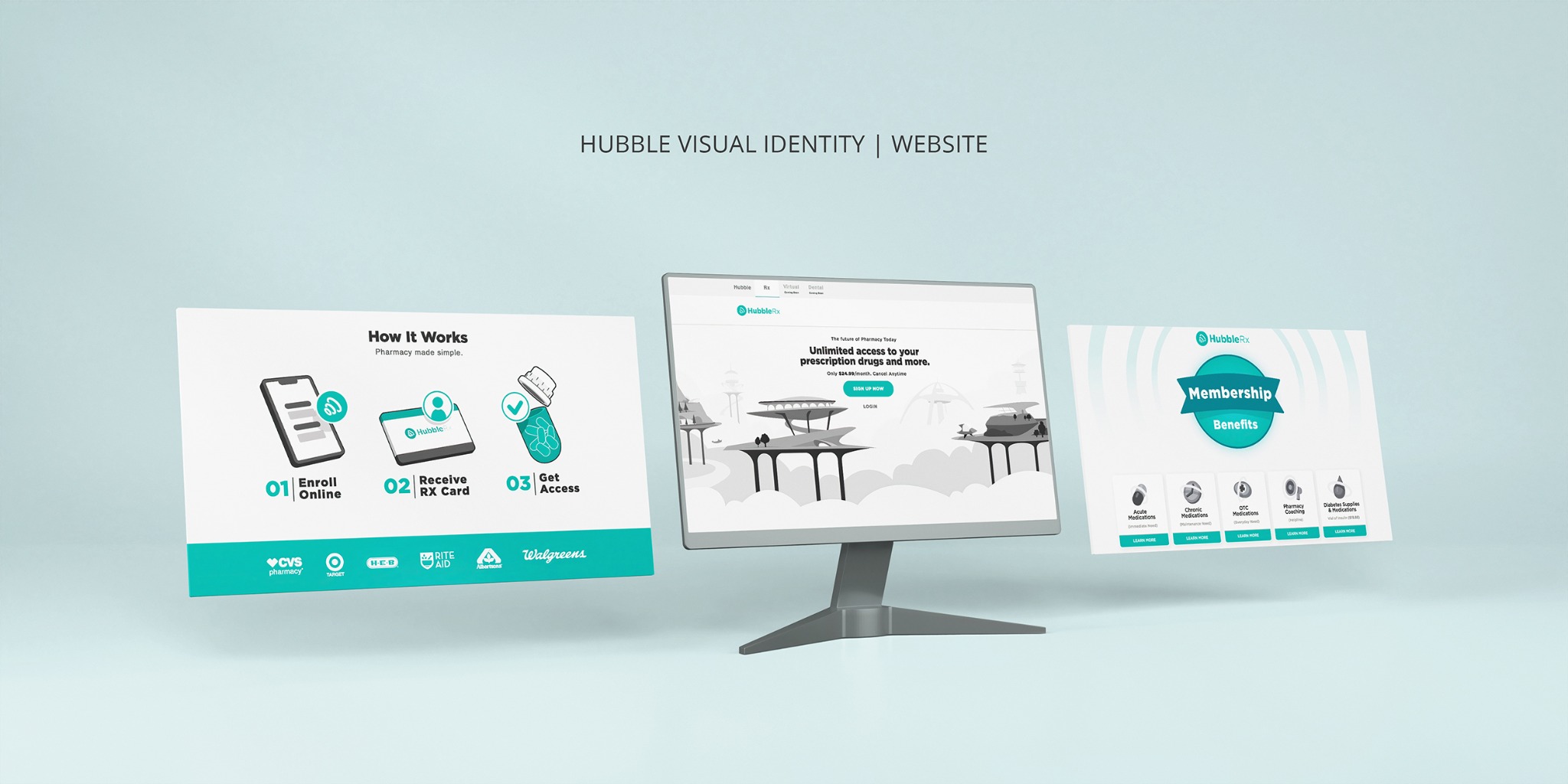 Prezentacja wizualnej identyfikacji HubbleRx, obejmująca wygląd strony internetowej na monitorze, kartę informacyjną o procesie rejestracji online i korzyściach z członkostwa. Całość w jasnej...
