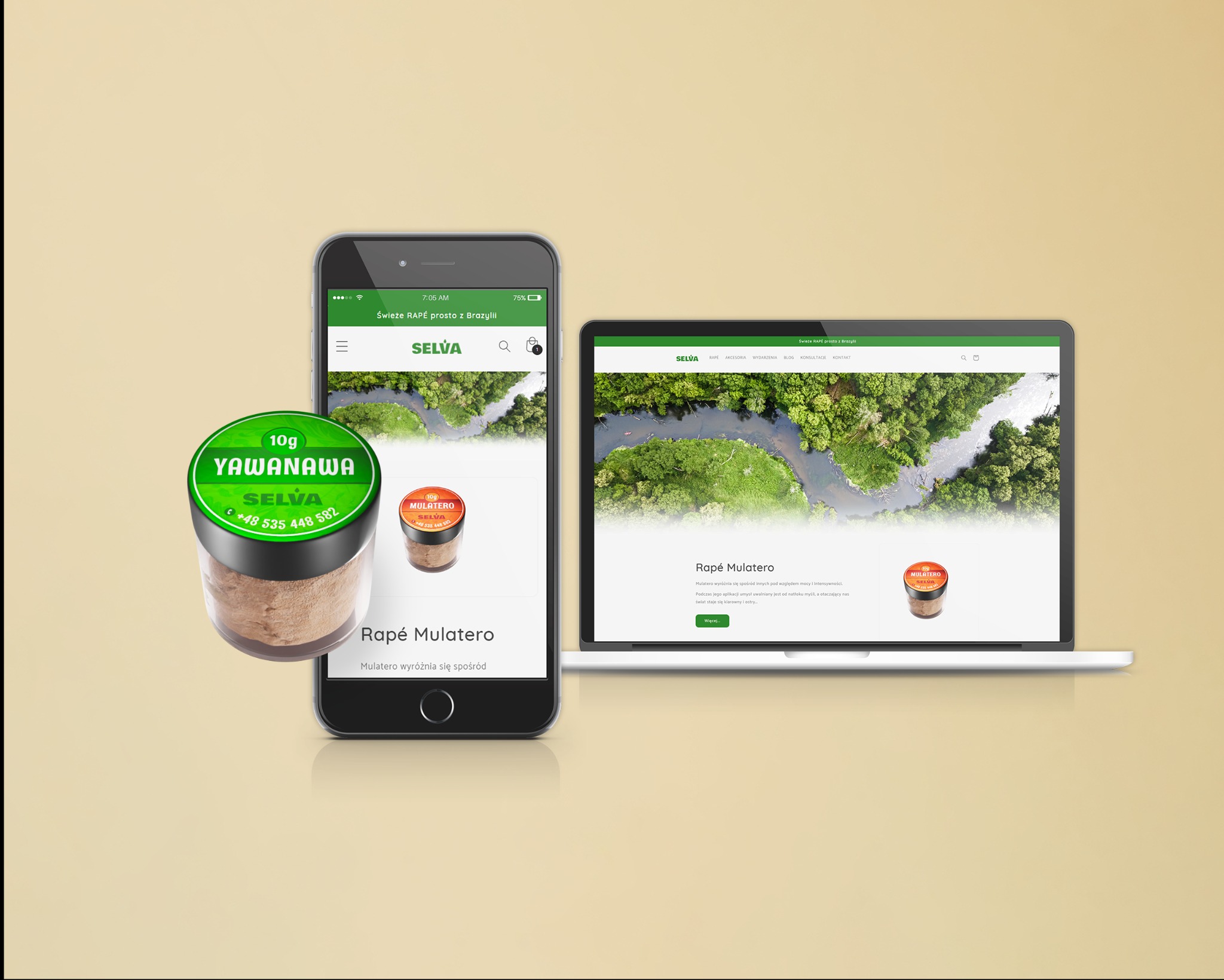 Responsywna strona internetowa na laptopie i smartfonie prezentująca produkt Rapé Mulatero marki Selva z Brazylii.