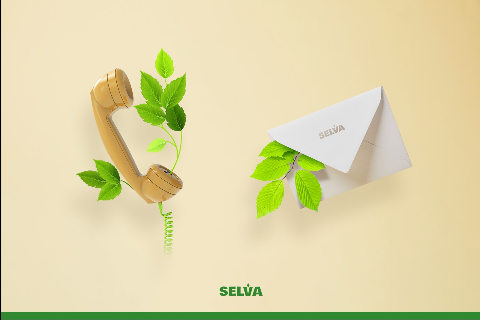 Graficzna kompozycja z beżowego telefonu retro, białej koperty i zielonych liści, symbolizująca komunikację i naturę, z dyskretnym logo firmy.