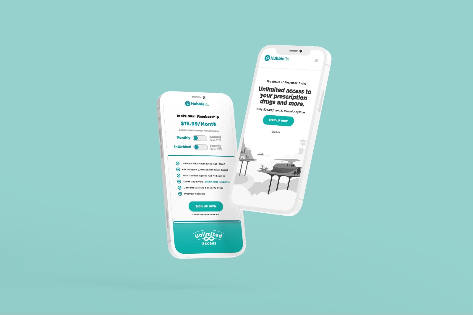 Dwa smartfony z aplikacją mobilną oferującą dostęp do recept i leków, prezentujące różne plany subskrypcji i korzyści, na jednolitym tle.