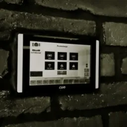 Panel sterowania inteligentnym domem marki CUE zamontowany na ceglanej ścianie we Wrocławiu, wyświetlający menu prezentacji z opcjami HDMI, USB-C i Click Share.