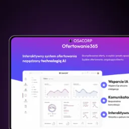 Ekran tabletu prezentujący dashboard systemu ofertowania z wykresami, statystykami i logo firmy OSACORP, podkreślający wsparcie sztucznej inteligencji i interaktywność.
