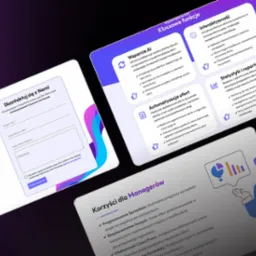 Ilustracja graficzna prezentująca funkcje i korzyści oprogramowania do automatyzacji ofert handlowych, w tym wsparcie AI, interaktywność, statystyki i raporty, oraz formularz kontaktowy.