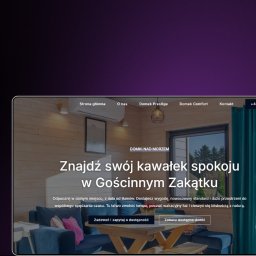 Agencja Tworzenia Stron Internetowych YetiWeb Olaf Orlikowski - Strona internetowa z ofertą domków nad morzem. Wnętrze domku z drewnianą boazerią, niebieską sofą i oknem z widokiem na zieleń. Tekst: 'Znajdź swój kawałek spokoju'.