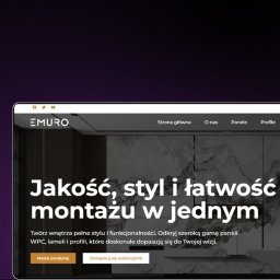 Agencja Tworzenia Stron Internetowych YetiWeb Olaf Orlikowski - Strona internetowa firmy EMURO prezentująca panele WPC, lamele i profile do wnętrz. Minimalistyczny design z hasłem 'Jakość, styl i łatwość montażu w jednym'.